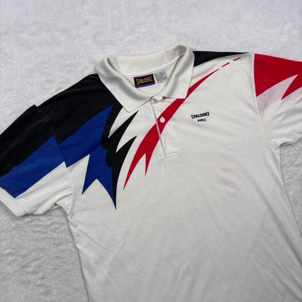 VTG 90s Spalding Polo Shirt Men M White Red Blue Geometric Colorblock Logo RARE - Picture 12 of 14